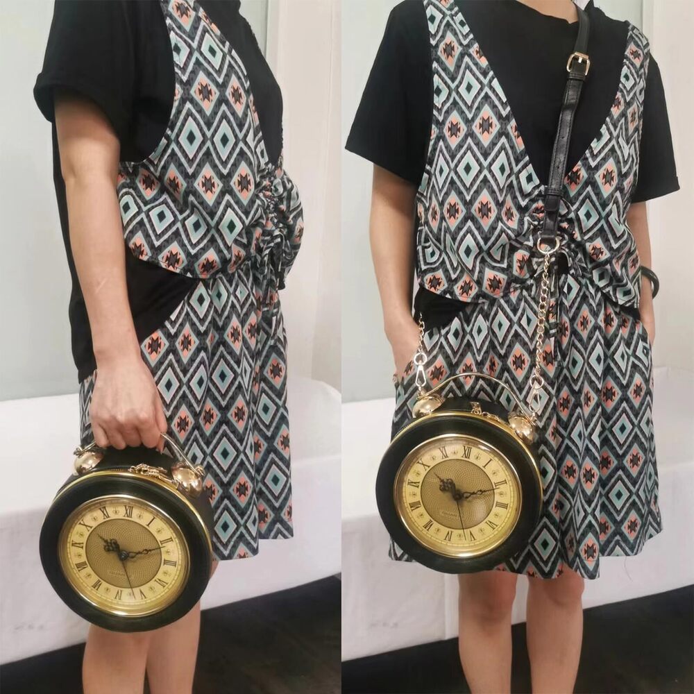 5811 PVC Clock Shaped Handbag Crossbody Shoulder Bag Clock Purse, Black - Picture 2 of 7
